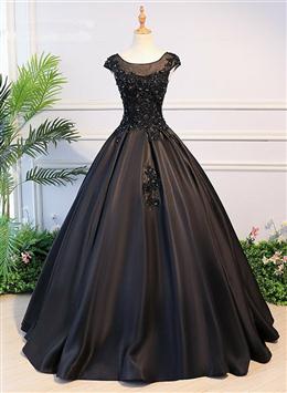 Picture of High Quality Black Color Satin Long Party Dresses, Black Color Evening Gown